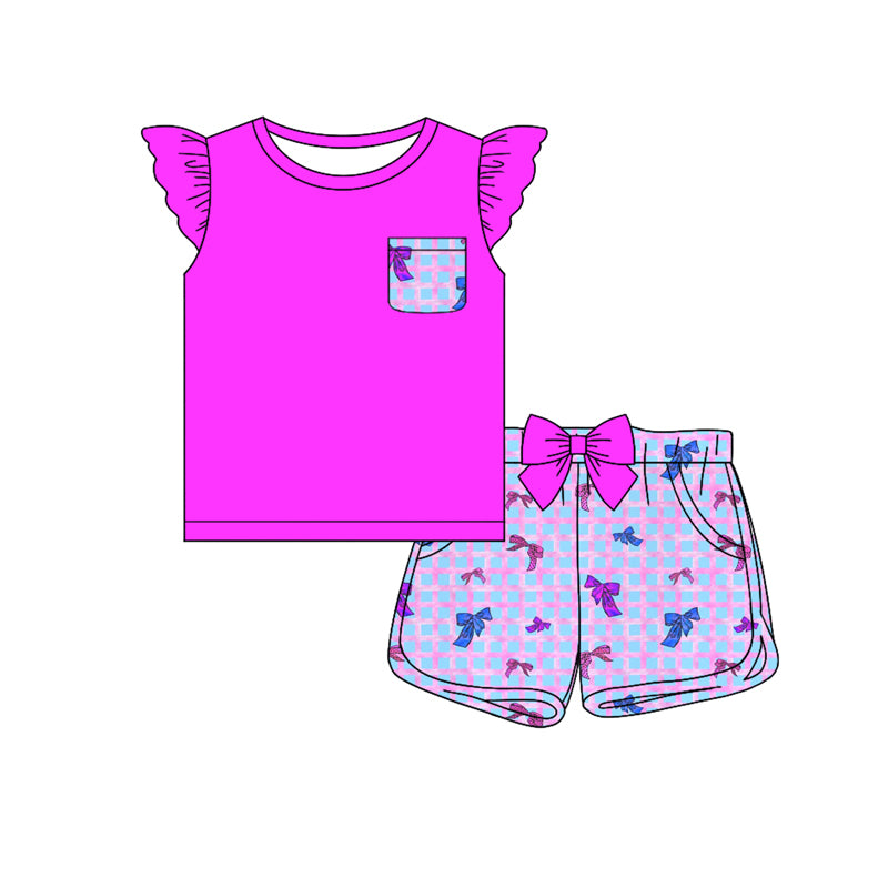 Preorder (moq 5)Baby Girls Hotpink Tee Top Checkered Bows Shorts Clothes Sets