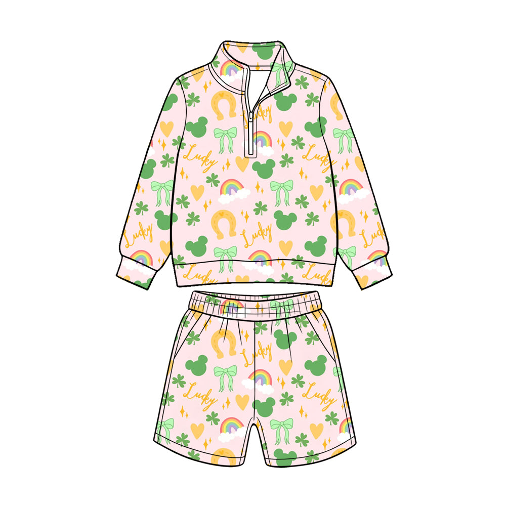 Preorder (moq 5) Baby Girl Clothes St Patrick Lucky Mouse Shamrock Rainbow Print Long Sleeve Quarter Zip Top Short Set