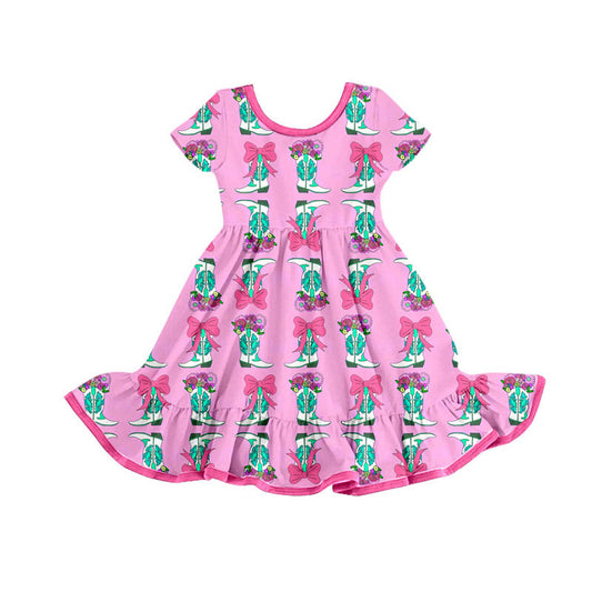 Preorder(moq 8)Baby Girls Bows Flowers Stripe Ruffle Knee Length Dresses