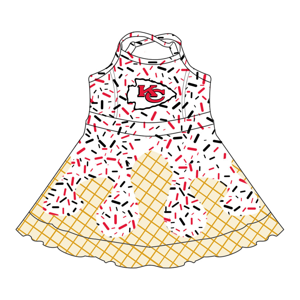 Preorder (moq 5)Baby Girls Drip Sprinkles KC Chiefs Team Shorts Ruffle Knee Length Dress