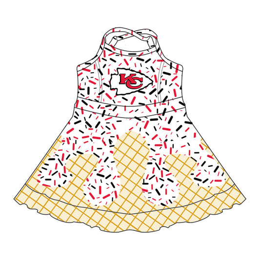 Preorder (moq 5)Baby Girls Drip Sprinkles KC Chiefs Team Shorts Ruffle Knee Length Dress