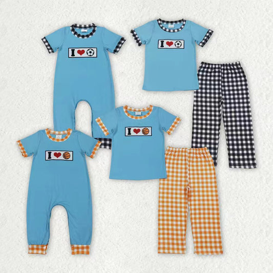 Sibling Baby Boys Embroidery I Love Balls Top Checked Pants Team Clothes Set Footie Rompers