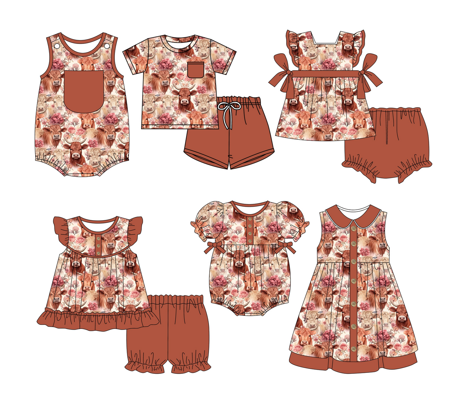 Preorder moq 5 Custom Baby Kids Red Pocket Button Floral Highland Cows Top Short Bummies Sets Dresses And Rompers