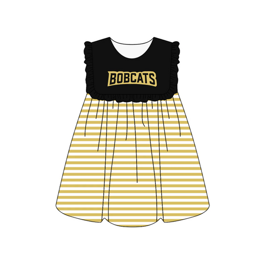 Preorder (moq 5)Baby Girls Bobcats Team Black Golden Stripes Knee Length Dresses