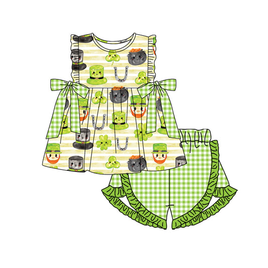 Preorder(moq 5)Baby Girls St Patrick Day Quatrefoil Top Ruffle Shorts Clothes Sets
