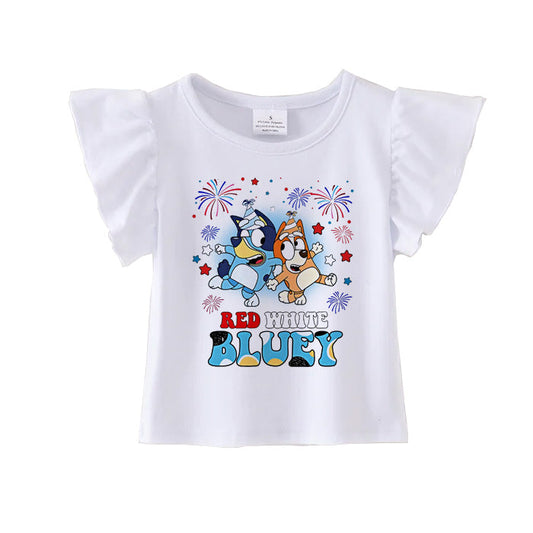 Baby Girls Dog 4th Of July Flutter Sleeve Tee Shirts Tops Preorder(moq 5)