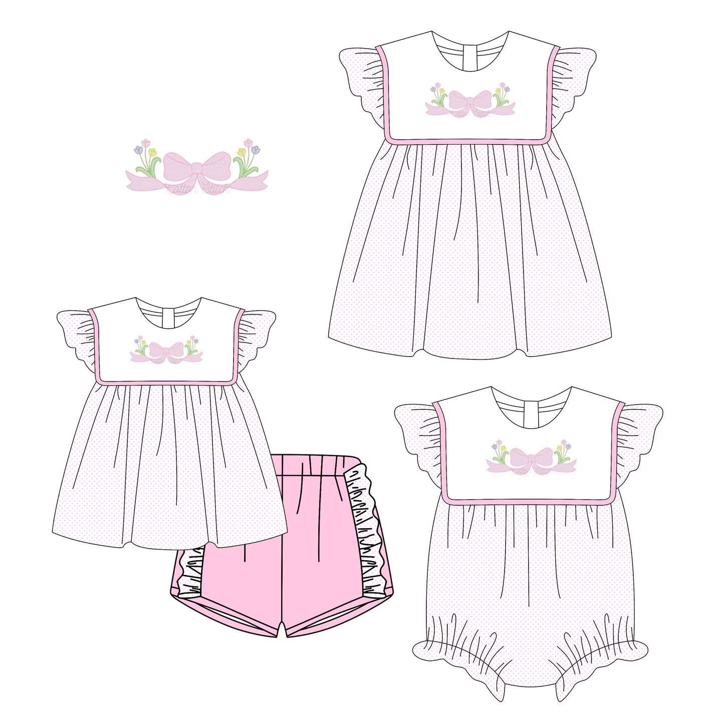 Preorder moq 5 Custom Baby Girls Lavender Polka Dots Bows Tunic Ruffle Short Set Knee Length Dress And Rompers