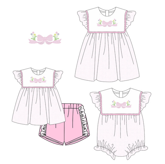 Preorder moq 5 Custom Baby Girls Lavender Polka Dots Bows Tunic Ruffle Short Set Knee Length Dress And Rompers