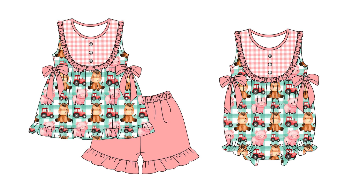Preorder(moq 5 each)Sibling Baby Girls Farm Pigs Tunic Top Shorts Bows Rompers Clothes Sets
