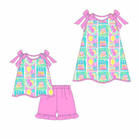 Preorder moq 5 Custom Baby Girls Pink Strap Birthday Balloons Tunic Ruffle Short Set Knee Length Dresses