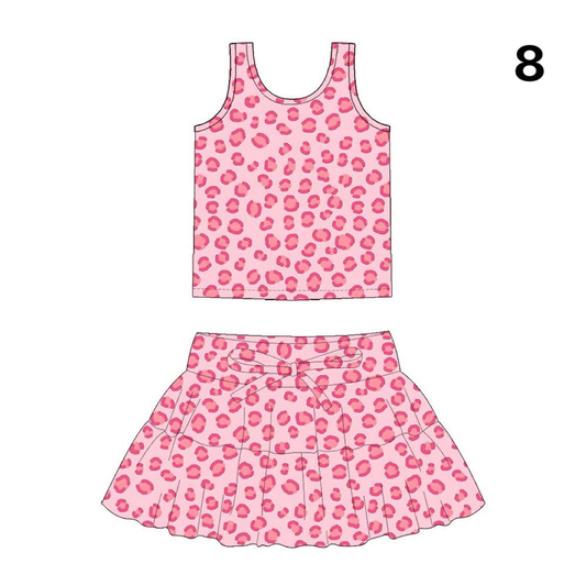 Preorder (moq 5)Baby Girls Pink Leopard Vests Top Skirt Shorts Clothes Sets
