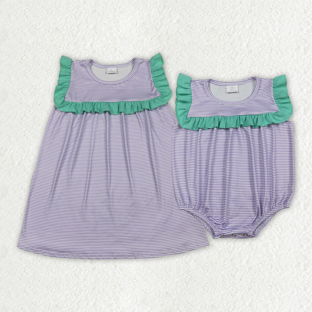 Sibling Baby Girls Sleeveless Purple Stripe Knee Length Dress Ruffle Rompers