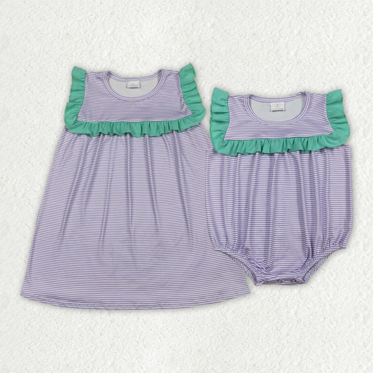 Sibling Baby Girls Sleeveless Purple Stripe Knee Length Dress Ruffle Rompers