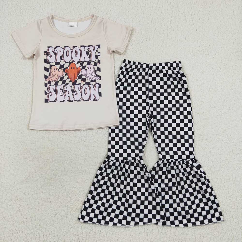 Baby Girls Halloween Spooky Season Black Checkered Bell Pants Clothes Sets