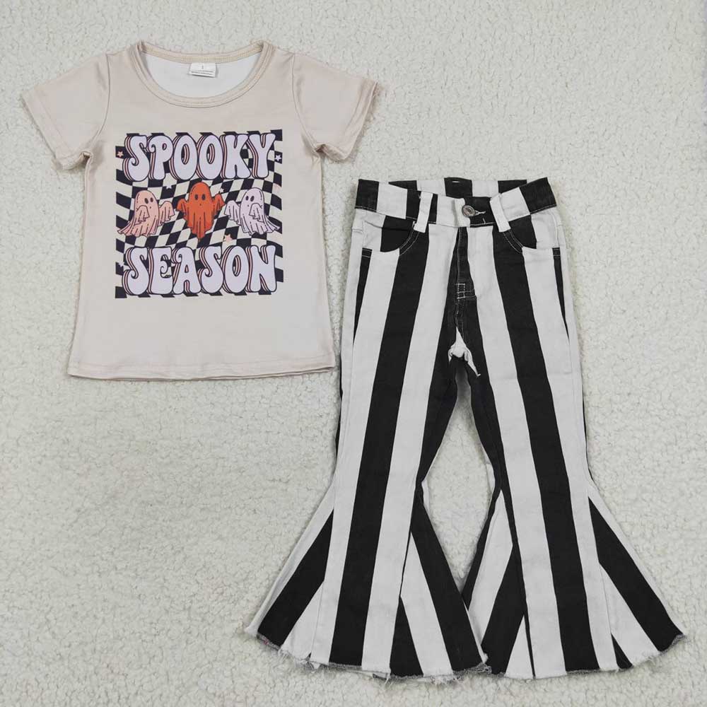 Baby Girls Spooky Season Halloween Black Stripes Denim Pants clothes sets