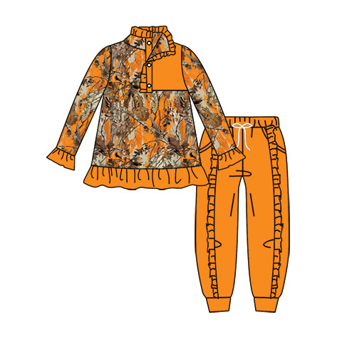 Fall Orange Camo Baby Girls Pullover Top Ruffle Pants Clothing Sets preorder(moq 5)