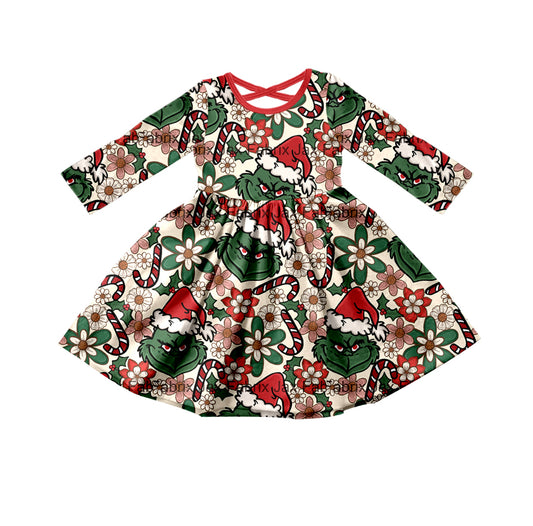 Baby Girls Christmas Green Frog Twirl Dresses preorder(moq 5)