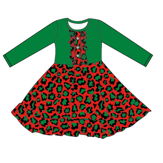 Baby Girls Christmas Green Red Leopard Ruffle Dresses preorder(moq 5)