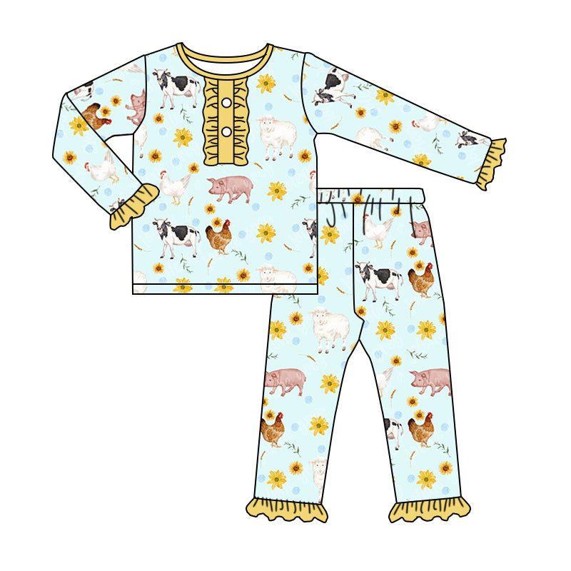 Baby Girls Animal Farm Yellow Pajamas Clothes preorder(moq 5)