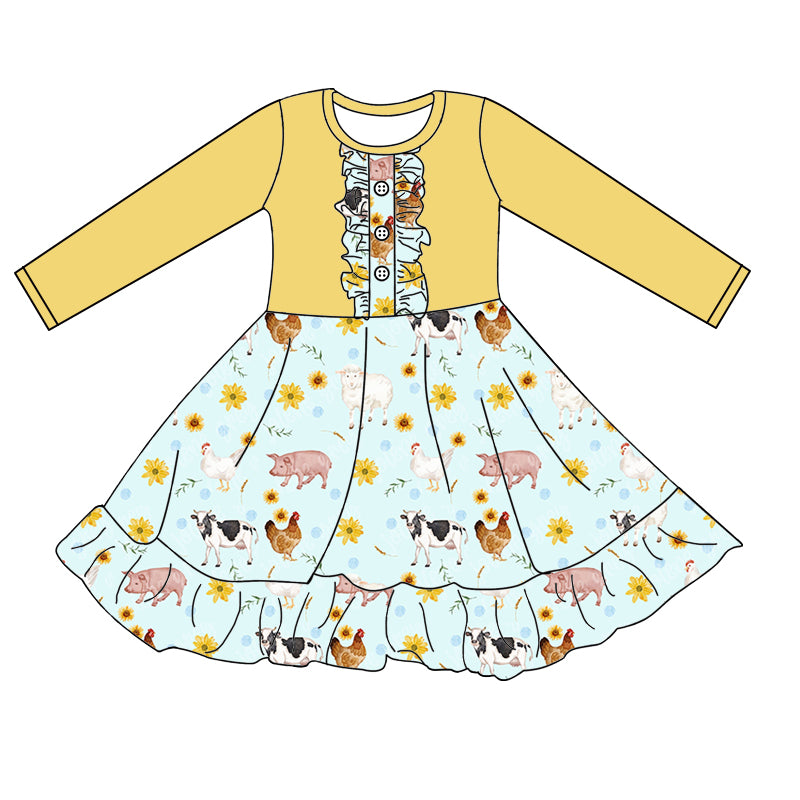 Baby Girls Animal Farm Yellow Ruffle Knee Length Dresses preorder(moq 5)