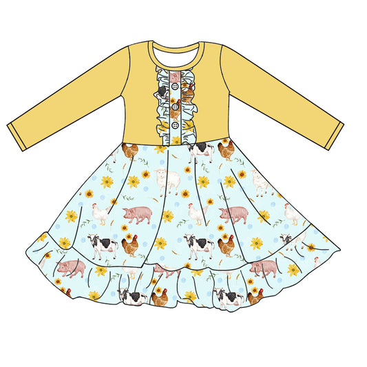 Baby Girls Animal Farm Yellow Ruffle Knee Length Dresses preorder(moq 5)