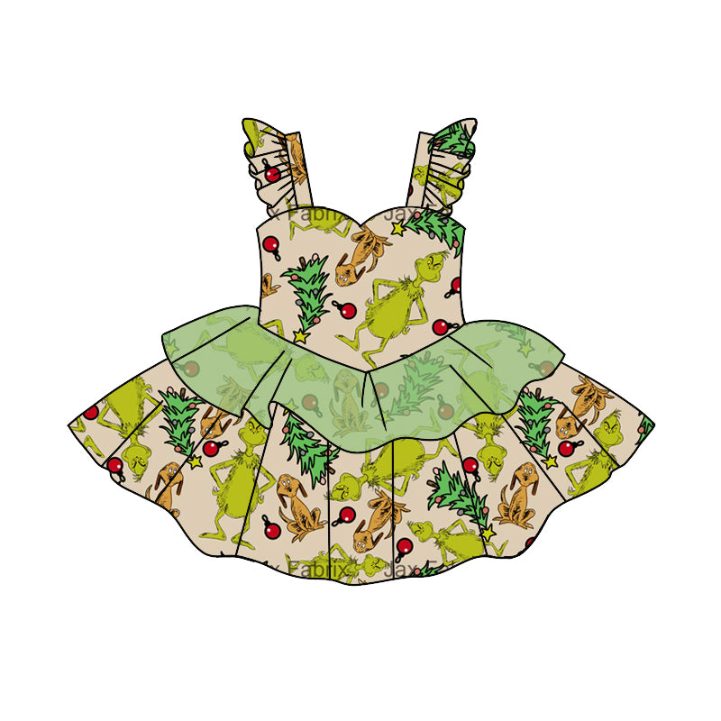 Baby Girls Christmas Green Frog Strap Ruffle Dresses preorder(moq 5)