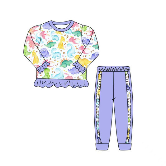 Preorder (moq 5)Baby Girls Colorful Dinosaurs Hearts Ruffle Top Jogger Pants Clothes Sets