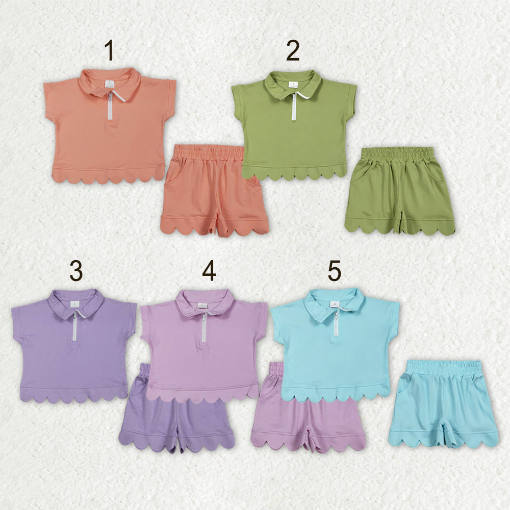 Sibling Baby Girls Short Sleeve Zip Pullovers Top Pockets Short Scallop Clothes Sets