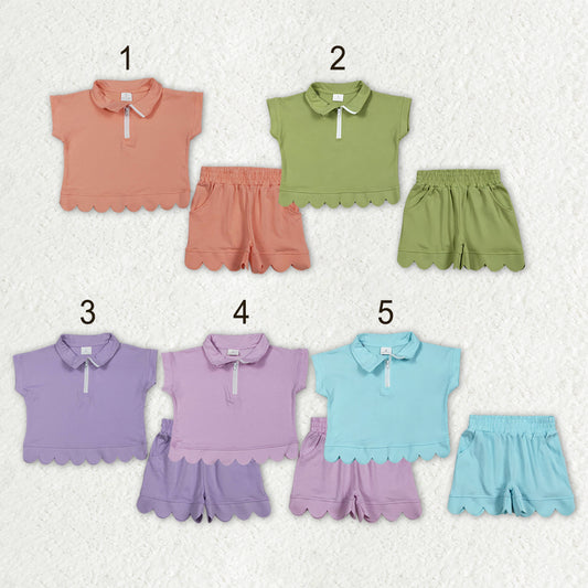 Sibling Baby Girls Short Sleeve Zip Pullovers Top Pockets Short Scallop Clothes Sets