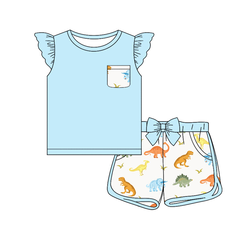 Preorder (moq 5)Baby Girls Blue Pocket Shirt Top Dinosaurs Bow Shorts Outfits