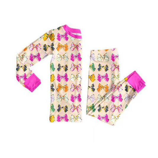 Preorder (moq 20)Baby Girls Bamboo Colorful Bows Pajamas Sets