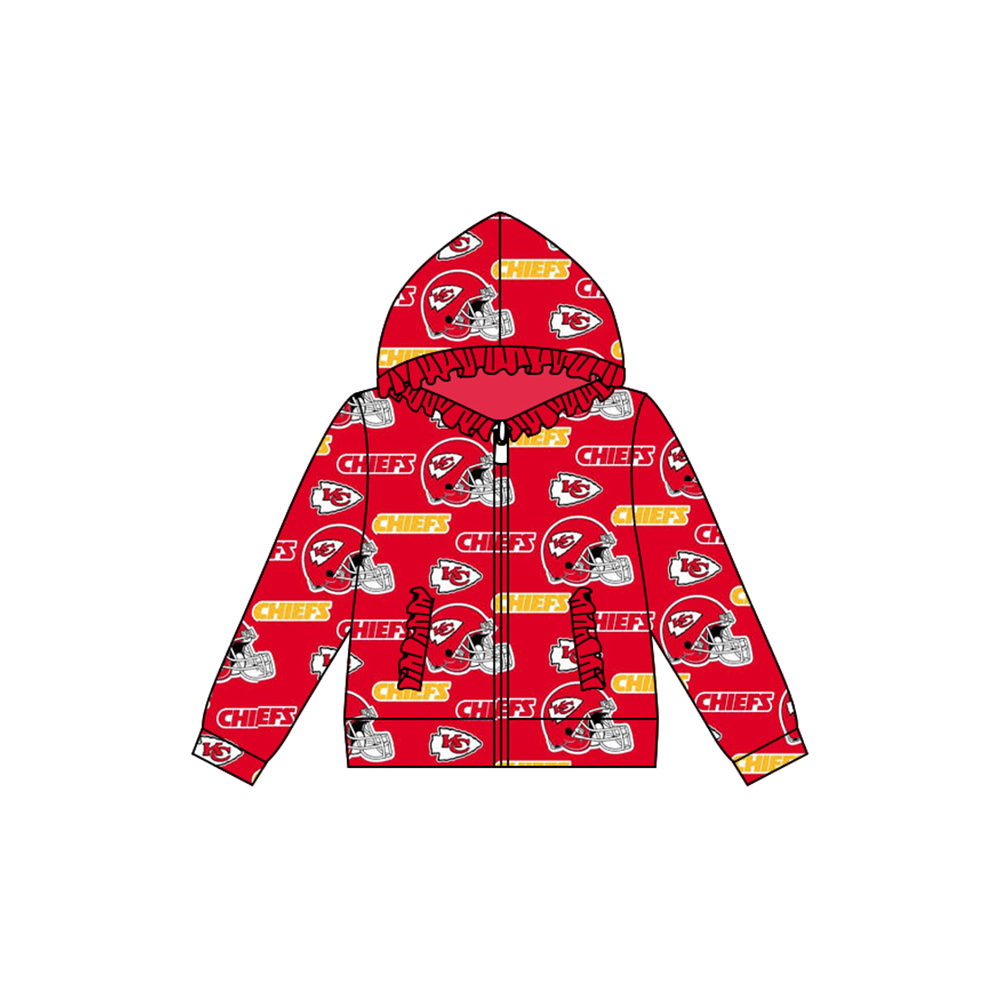 Preorder (moq 5)Baby Girls Red cf Team Football Hooded Zip Ruffles Tops Jackets
