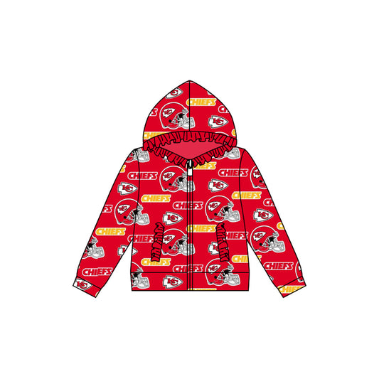 Preorder (moq 5)Baby Girls Red cf Team Football Hooded Zip Ruffles Tops Jackets