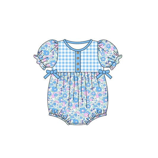 Baby Girls Blue Checkered Flowers Bows Rompers preorder(moq 5)