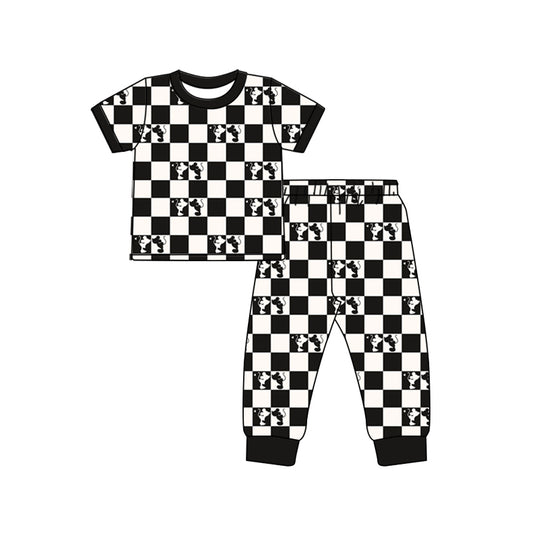 Baby Boys Cartoon Black Checkered Mouse Short Sleeve Shirt Pants Pajamas Clothing Sets Preorder(moq 5)