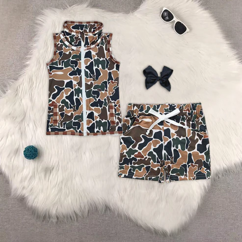 Baby Boys Sleeveless Western Brown Camo Zipper Vest Top Pockets Shorts Sets