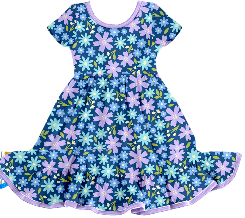 Preorder moq 5 (each item)Baby Girls Colorful Flowers Short Sleeve Ruffle Knee Length Dresses