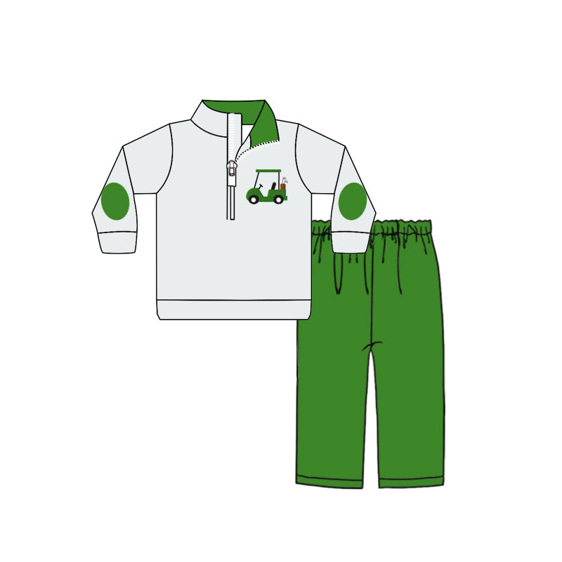 Baby Boys Golf Print Zip Top Green Pants Hunting Outfits Clothes Sets preorder(MOQ 5)