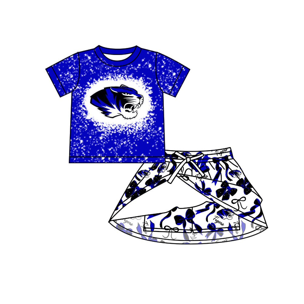 Preorder (moq 5)Baby Girls Short Sleeves Blue Tigers Top Bows Skorts Team Sets