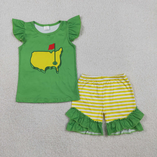 Baby Girls Flutter Sleeve Green Golf Flags Top Ruffle Shorts Clothes Sets