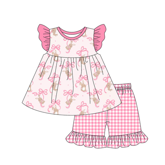 Preorder (moq 5)Baby Girls Easter Rabbits Bows Top Checkered Shorts Clothes Sets