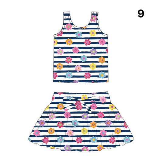 Preorder (moq 5)Baby Girls Colorful Flowers Stripe Vests Top Skirt Shorts Clothes Sets