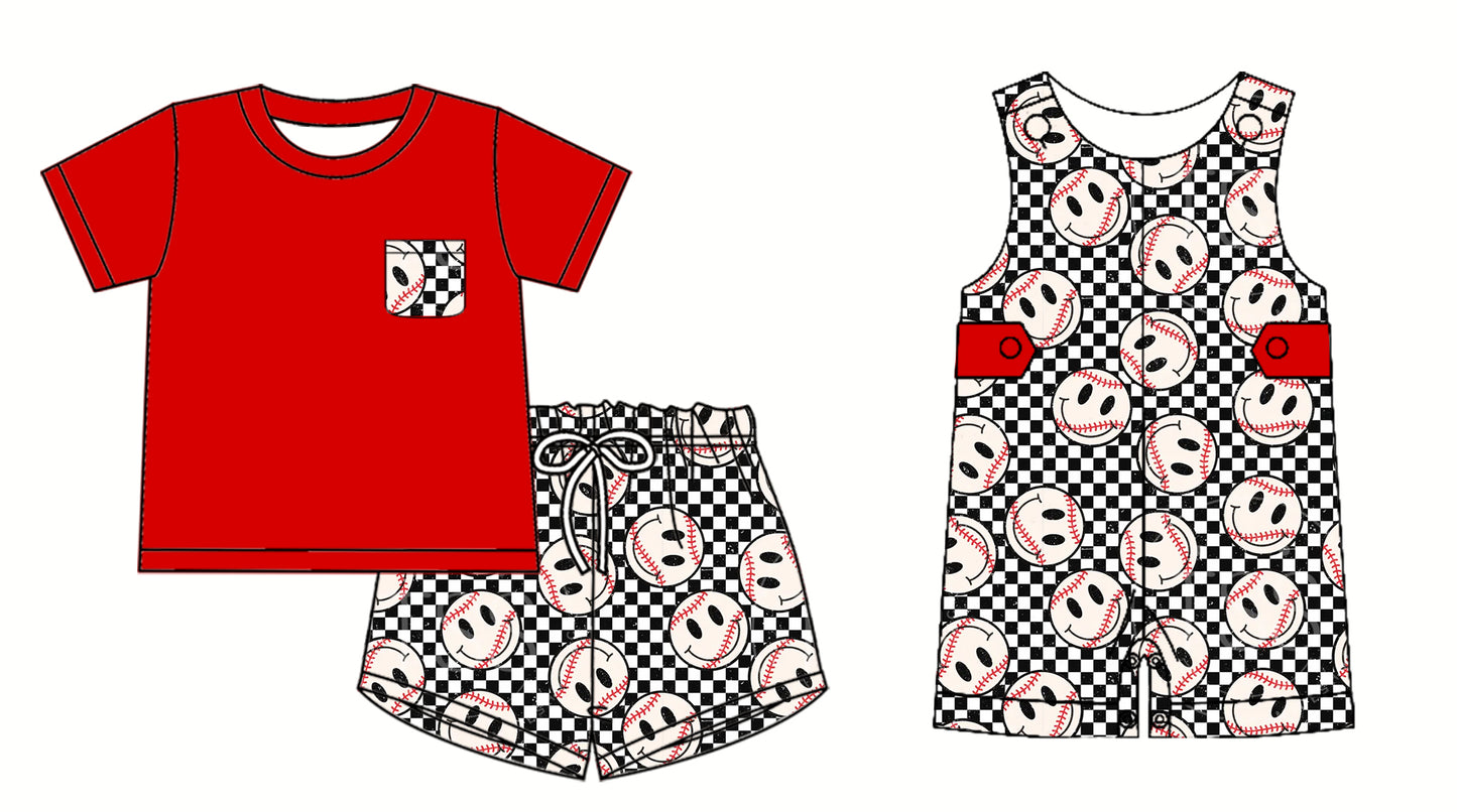 Preorder moq 5 Custom Baby Boys Red Short Sleeves Pocket Top Smiles Short Set Romper