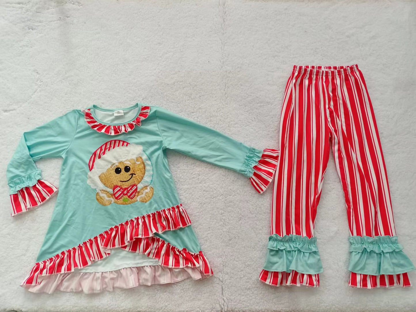 Baby Girls Christmas Blue Ruffle Gingerbread Top Pants Sets preorder(moq 5)