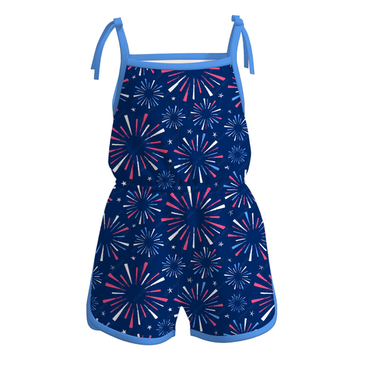 Baby Girls 4th Of July Fireworks Straps Summer Jumpsuits preorder(moq 5)