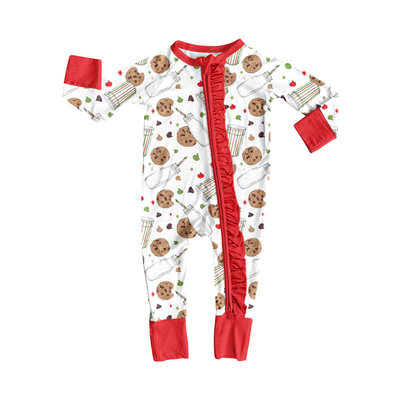 Preorder (moq 20)Baby Girls Bamboo Milk Cookies Candy Christmas Ruffle Zippy Footie Rompers