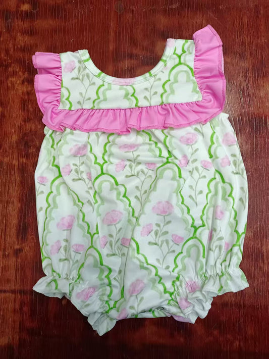 Preorder moq 5 Baby Girls Sleeveless Pink Flowers Plaid Ruffle Rompers