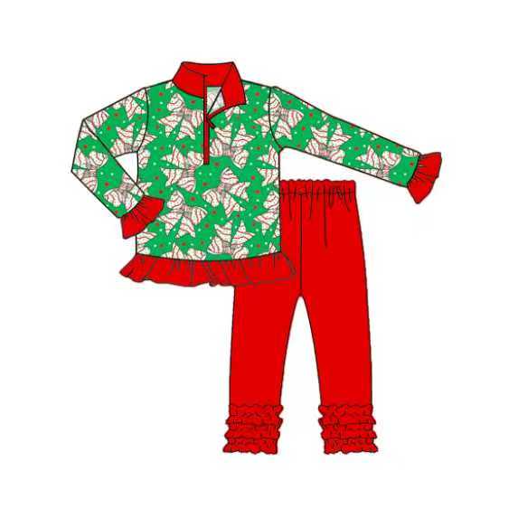Preorder (moq 5)Baby Girls Trees Bows Stars Christmas Zipper Pullover Ruffle Legging Pants Clothes Sets