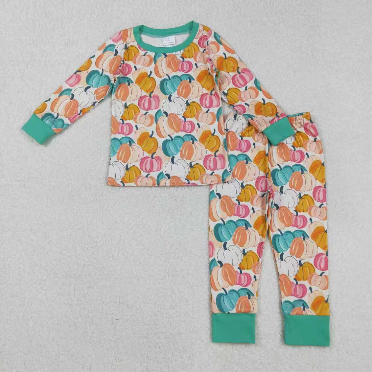 Sibling Baby Girls Green Orange Pumpkins Fall Pajamas Sets Rompers Knee Length Dresses