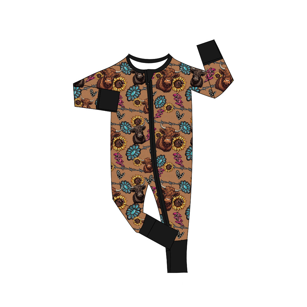 Baby Boys Highland Cow Sunflower Long Sleeve Zip Rompers preorder(moq 5)